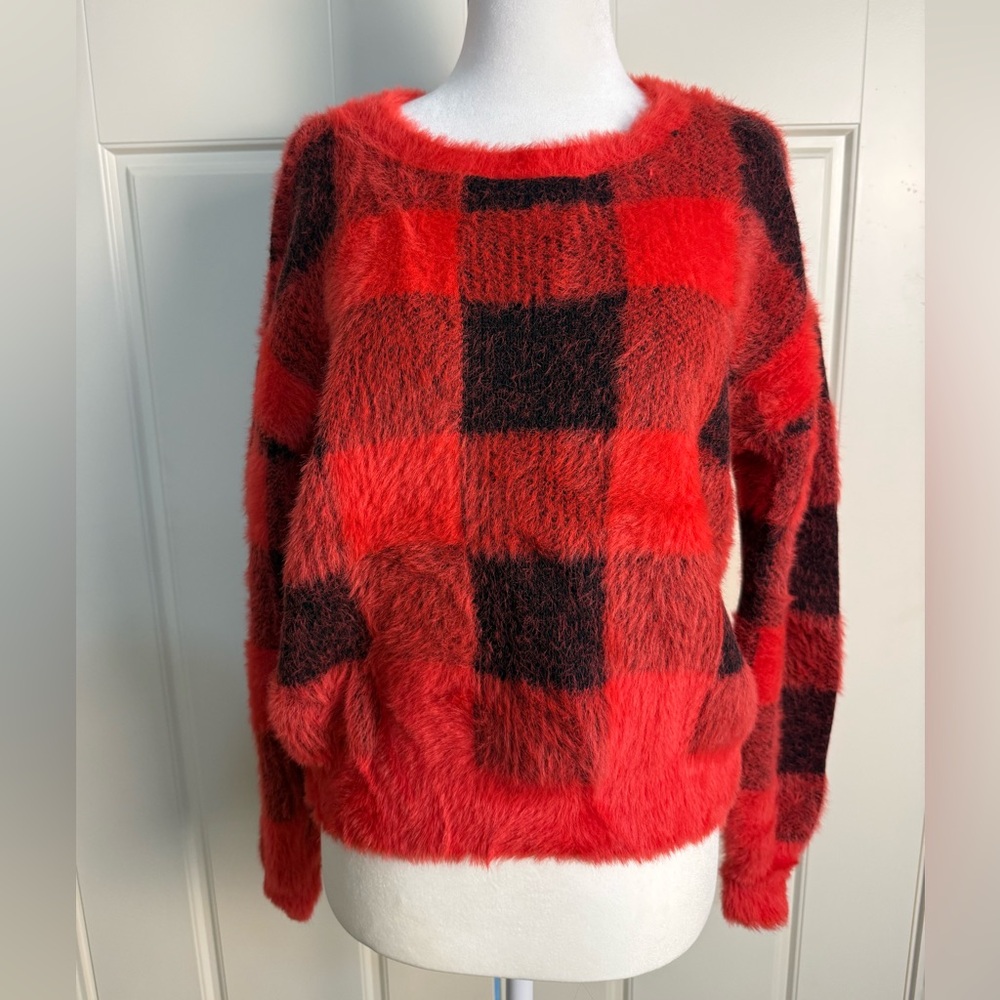 Express Red and Black Plaid Fuzzy Sweater